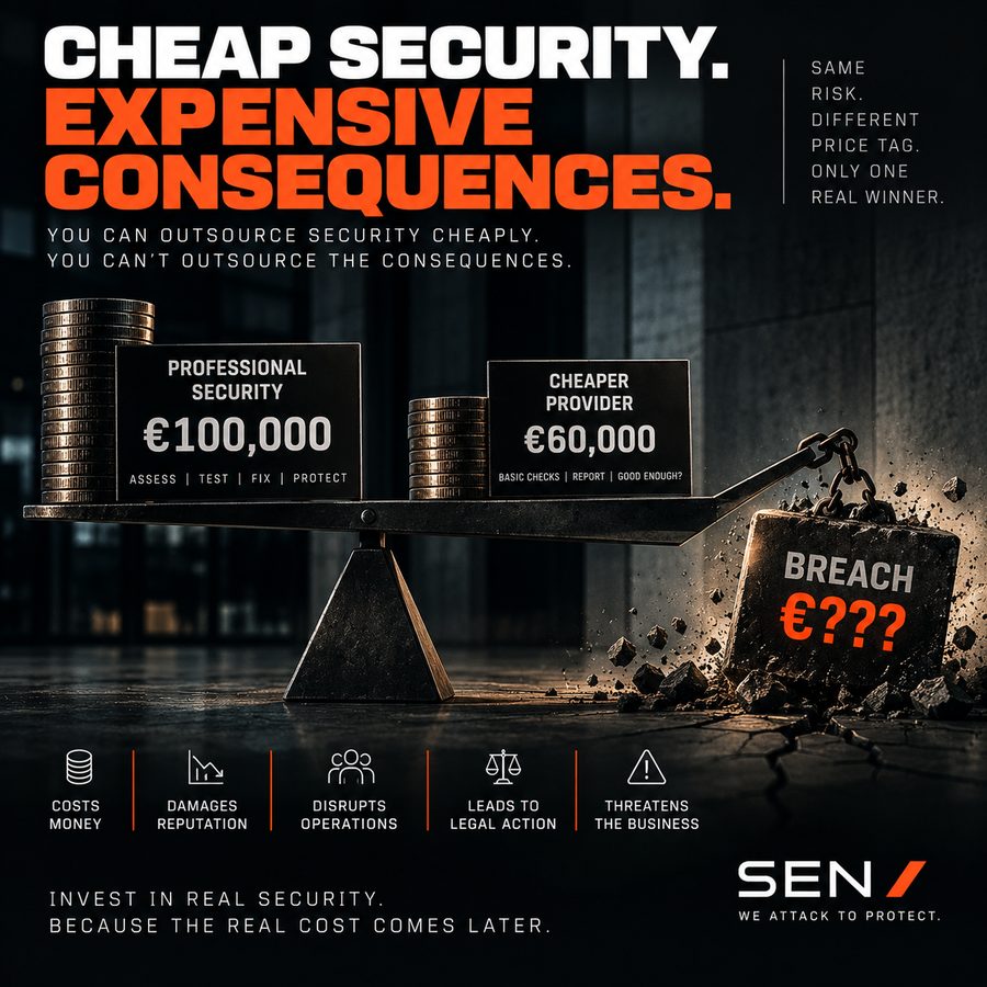 A scale balances the cost of professional security against a cheaper provider, while an unweighed block labelled 'breach, unknown cost' sits shattered on the ground beside it.