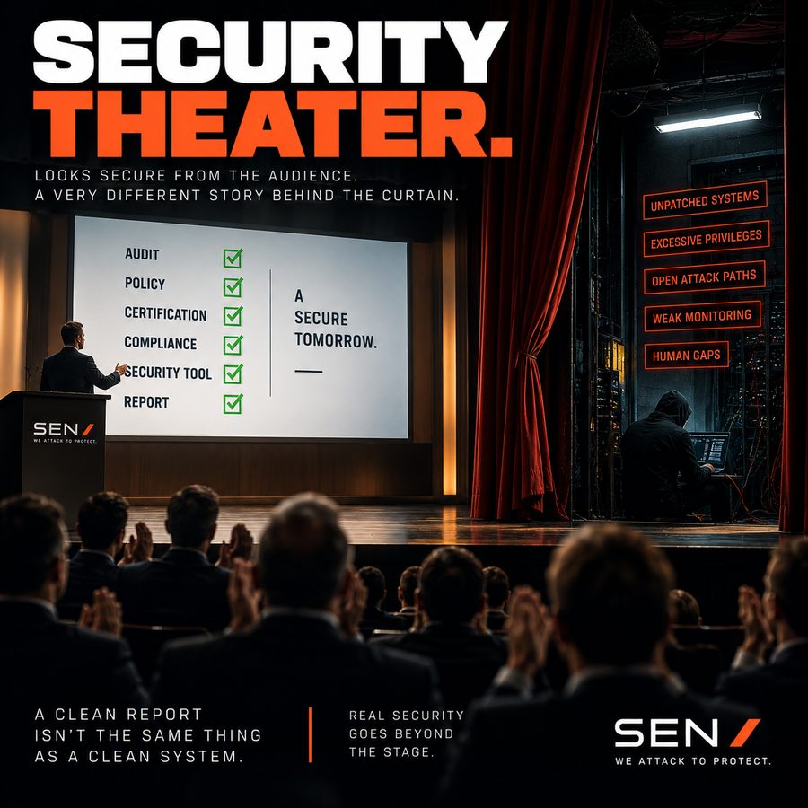 A presenter shows an audience a checklist of passed audits, policies, certifications and security tools, while behind the stage curtain an attacker works undetected among the real infrastructure.