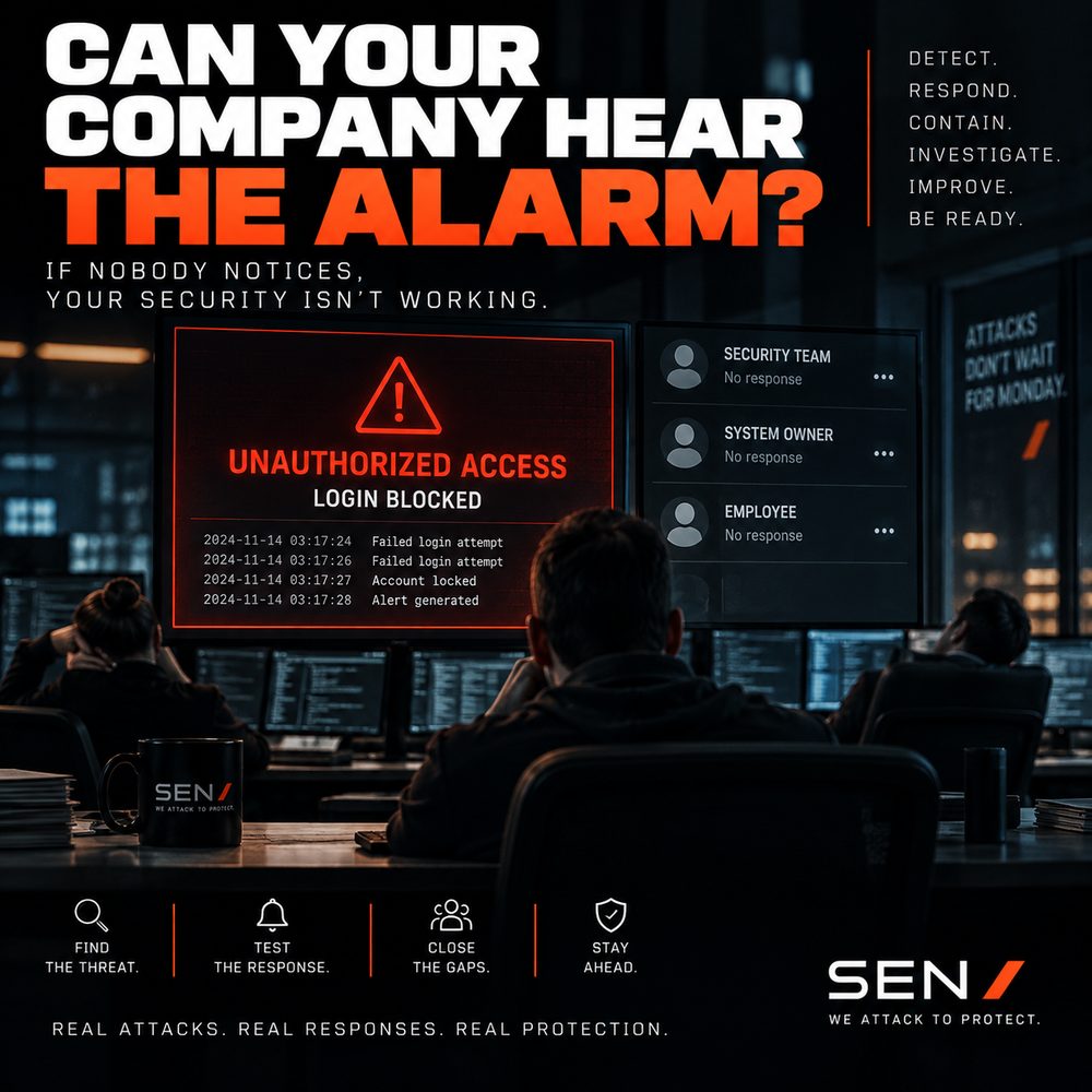 A security operations screen flags unauthorized access and a blocked login, timestamped, while a security team, system owner and employee all show no response.