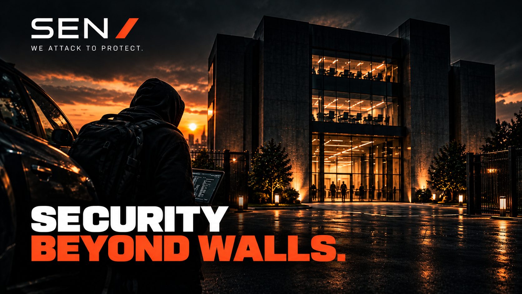 A figure approaches a client office building at dusk, laptop in hand, illustrating that a real attacker doesn't need to breach a firewall when the perimeter itself is unguarded.