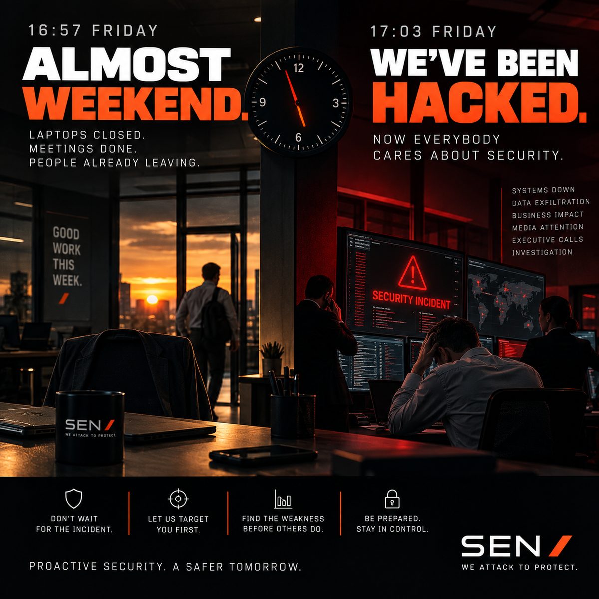 Split scene: at 16:57 on a Friday, an office empties out for the weekend; six minutes later at 17:03, the same team is huddled around screens flagging a live security incident.